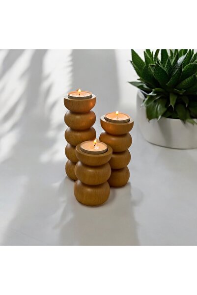 Sienta Home Dekoratif Ahşap Bubble 3’lü Mumluk Naturel Vernikli