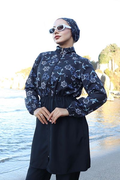 new ats Set of 3 Hijab Swimsuits - Anchor Pattern, Adjustable Elastic Waist, Black Blue