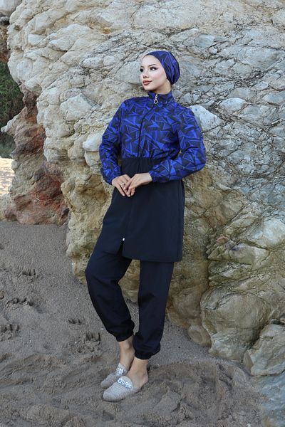 new ats Spring Patterned 3-Piece Hijab Swimsuit with Adjustable Elastic Waist