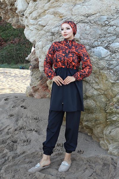 new ats Spring Patterned 3-Piece Hijab Swimsuit with Adjustable Elastic Waist