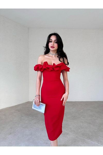 Afiş Butik Off Shoulder Ruffle Midi Dress