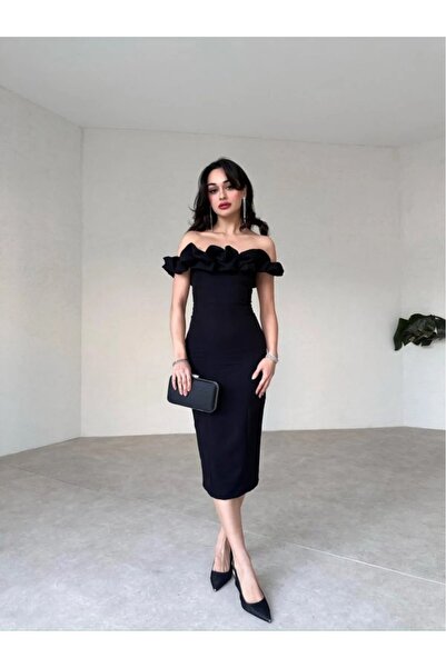 SONREİR DÜŞÜK OMUZ MİDİ BOY ELBİSE
