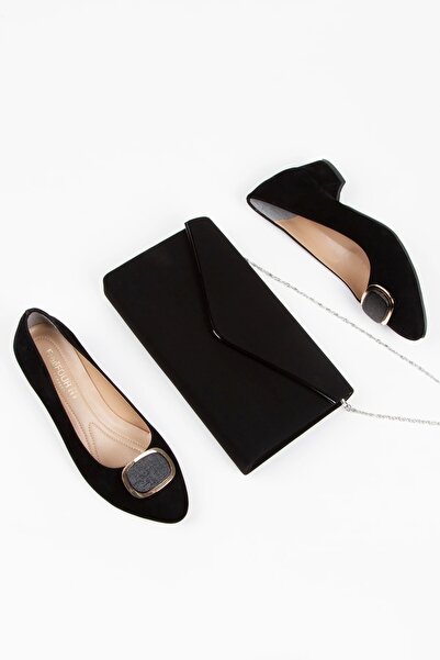 MFT AYAKKABI طقم أحذية وحقائب كاجوال أنيقة بكعب قصير للنساء من جلد الغزال الأسود