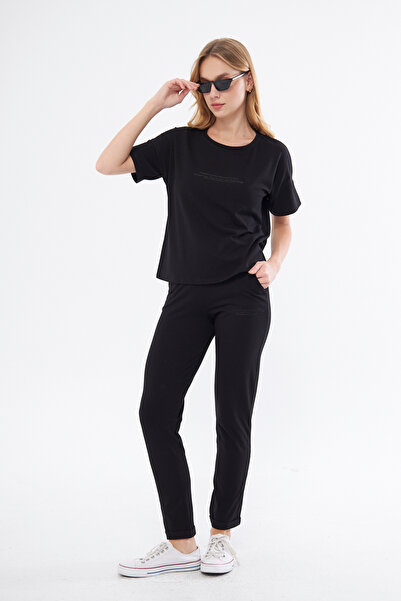 Women's Cotton Combed Cotton Short Sleeve Summer Tracksuit with Pockets  24015 Black