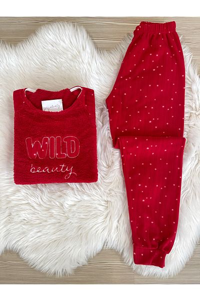 Pijamacs Red Wild Patterned Fleece Pajamas Set with Front Plush Detail