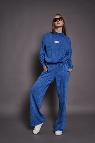 PONÇİK Kadın Yıkamalı 2 İplik Eşofman Takımı Cepli Beli Büzgülü MAVİ 24529