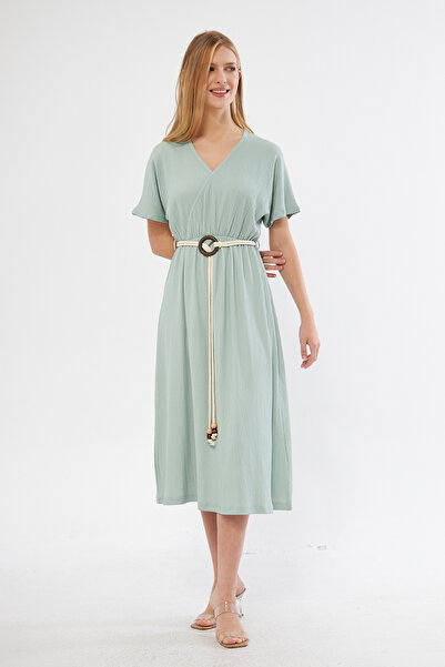 PONÇİK Çağla - Double Breasted Collar and Wrap Detail Long Women's Dress 24024