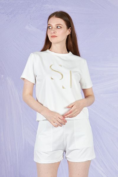 PONÇİK Ecru Women's Shorts Set - Embroidery Detail, Pocket, Full Fit 23009