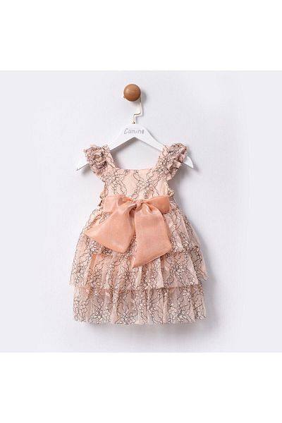 Magu Girl's Ribbon Dress - Leaf Pattern and Caramel Lining