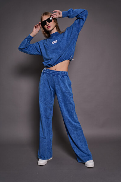 PONÇİK Kadın Yıkamalı 2 İplik Eşofman Takımı Cepli Beli Büzgülü MAVİ 24529