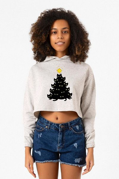 Tshirthane White Melted Meowy Christmas Women's Crop Hoodie