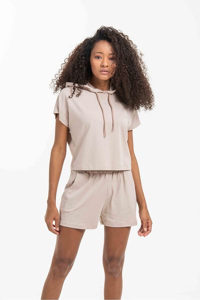 PONÇİK Women's Cotton Hooded Pocket Shorts Suit 22018 MINK