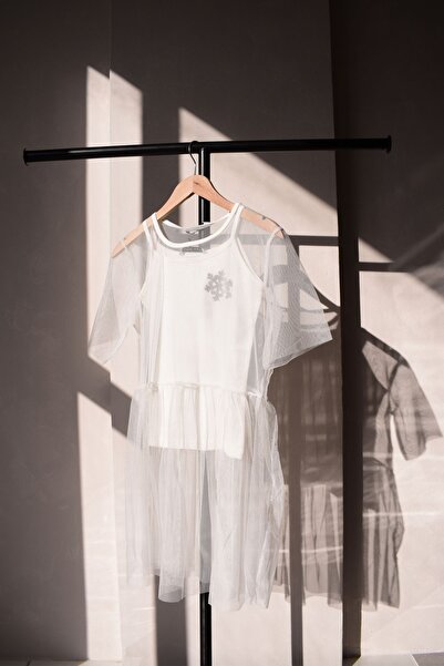 PONÇİK Kadın Tüllü İp Askılı Bluz 20059 BEYAZ