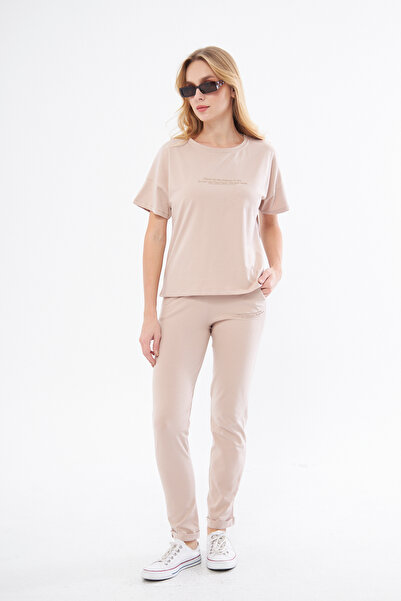 PONÇİK Kadın Pamuklu Penye Kısa Kollu Yazlık Eşofman Takımı Cepli 24015 Bej