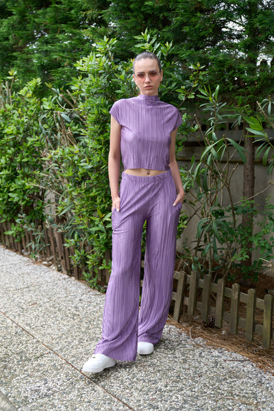 PONÇİK Λιλά Πλεκτό Σετ με Παντελόνι Crop και Ψηλό Γιακά, με Τσέπες - 24108