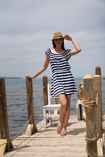 PONÇİK Navy Blue Striped Viscose Summer Dress - Ruffled Collar, 2.5cm 22072