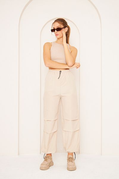 PONÇİK Women's Parachute Fabric Trousers Ecru