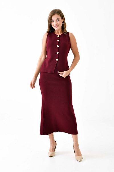 WOMAN VISION Set de tricotaje burgundy - vestă fără mâneci cu nasturi și fustă midi cu talie înaltă 5155