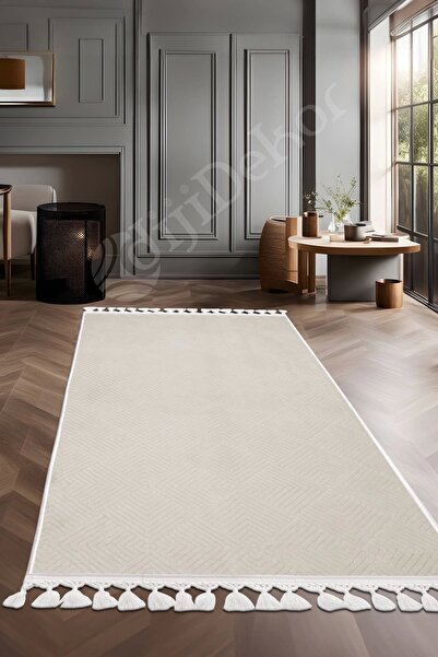 Dijidekor Halı Cool Krem Pramit Yıkanabilir Saçaklı Kesme Ince Yolluk Kilim S...