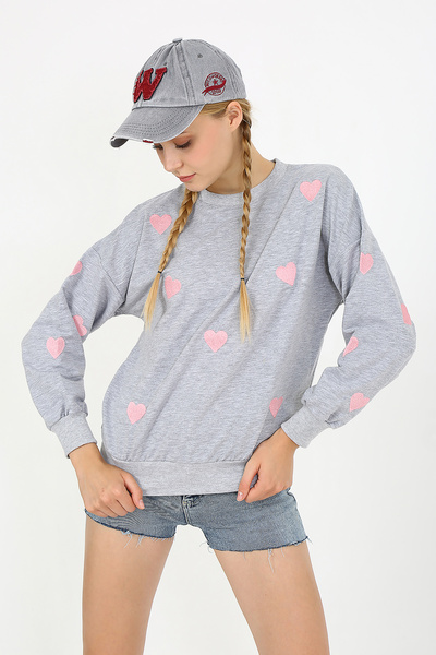 PONÇİK Дамска блуза с бродерия на сърце - двуслойна сива 23534