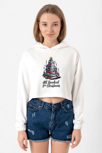 Tshirthane Ecru Women's Crop Hoodie - All Booked for Christmas