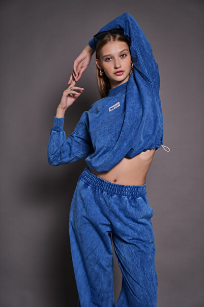 PONÇİK Kadın Yıkamalı 2 İplik Eşofman Takımı Cepli Beli Büzgülü MAVİ 24529