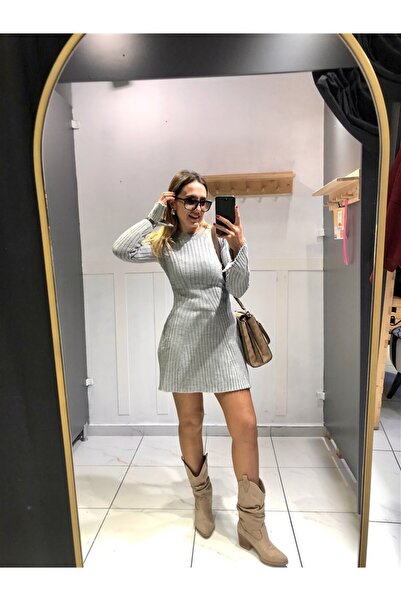Gözde Tasarım Butik GRİ RENK BİSİKLET YAKALI UZUN KOLLU KISA TRİKO ELBİSE
