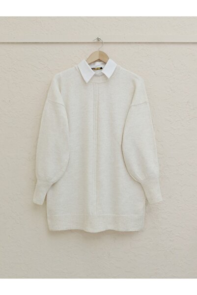 Modamorfo Pulover moale cu mâneci bufante și dungi -crem