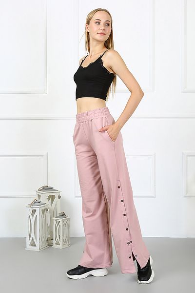 PONÇİK Wide Leg and Pocket Women's Combed Cotton Trousers 23529 - Dried Rose