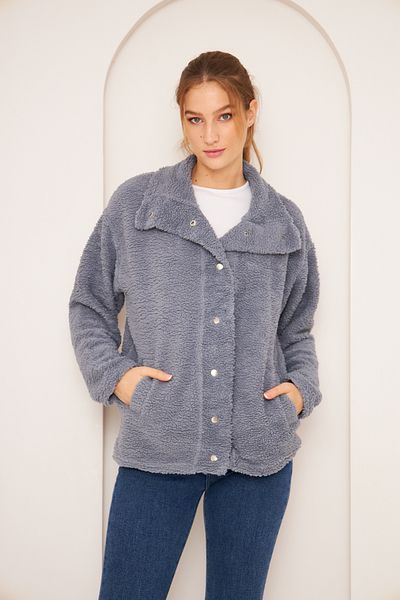 PONÇİK Women's Side Pocket Snap Lamb Fabric Plush Unlined Coat Jacket Gray