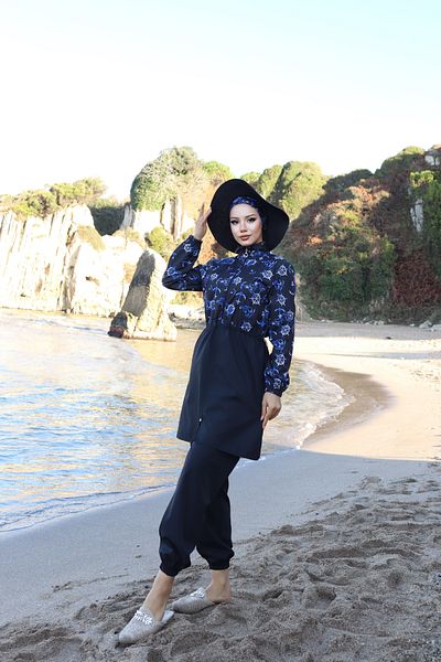 new ats Blue Anchor Patterned 3-Piece Hijab Swimsuit Set with Adjustable Waist Elastic