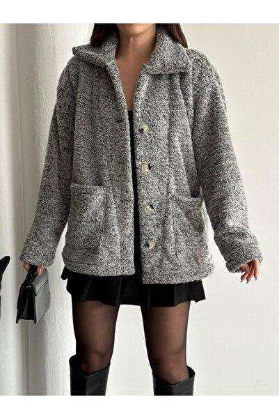 edz moda moda ve tarzın buluştuğu nokta Gray Plush Welsoft Women's Cardigan - Trendy Casual with Pockets and Lining