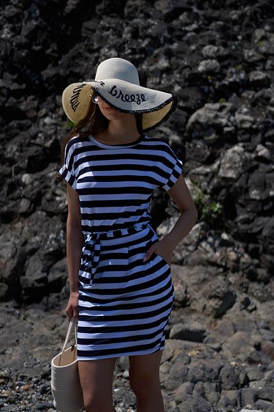 PONÇİK Navy Blue Striped Viscose Summer Dress - Belted, Marine 23142