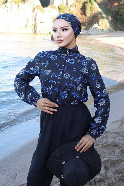 new ats Blue Anchor Patterned 3-Piece Hijab Swimsuit Set with Adjustable Waist Elastic