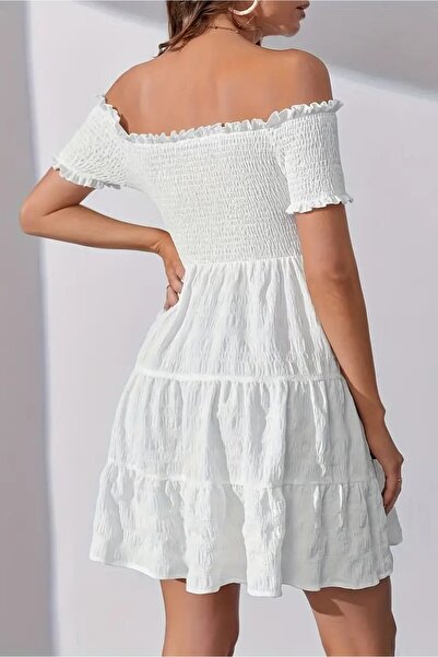 Siyah Kadın Astarlı Beyaz Karmen Yaka Kolu Ve Göğüsü Gipeli Eteği Çift Fırfırlı Kiloş Elbise 90 Cm