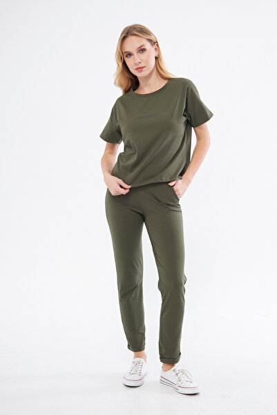PONÇİK Set de trening pentru femei de culoare kaki - bumbac pieptănat, mânecă...