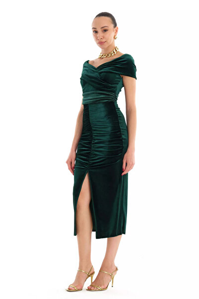 Fervente Yılbaşı için Yeşil Kadife Kolsuz Midi Elbise