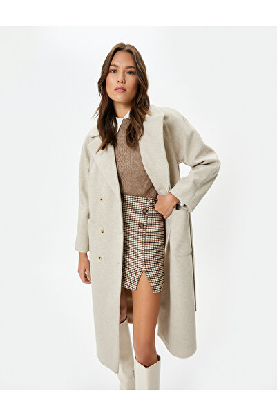Koton Long Kachet Coat Double Breasted Buttoned Pocket Belted Waist
