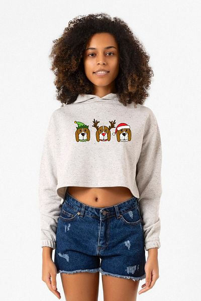 Tshirthane 3 Wise Beagles Christmas White Gray Women's Crop Hoodie
