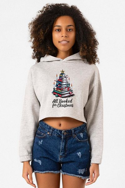 Tshirthane Women's Crop Hoodie with White Grizzly - All Booked for Christmas