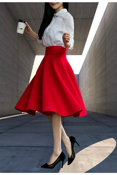 NSMLİFE Women's Red Satin High Waist A-line Skirt