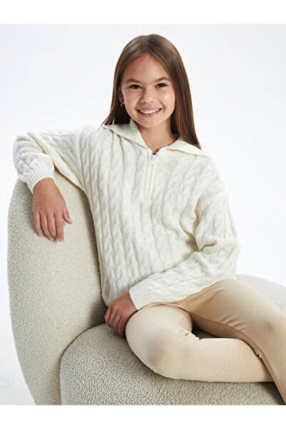 LC Waikiki Ecru Polo Collar Girl's Knitwear Sweater