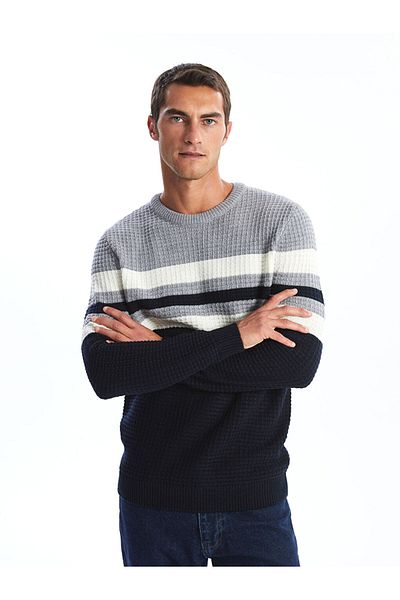 LC Waikiki Lcwaikiki Classic Navy Blue Crew Neck Long Sleeve Striped Men's Knitwear Sweater
