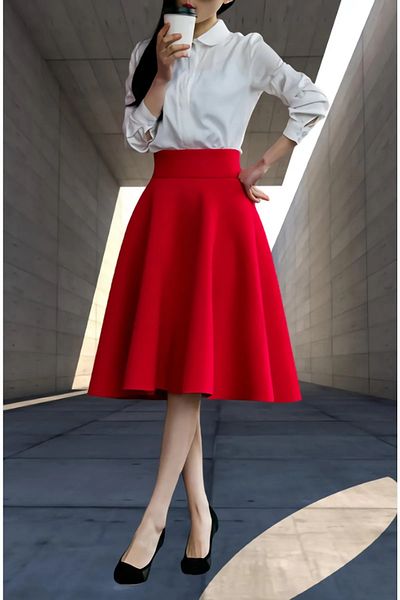 NSMLİFE Women's Red Satin High Waist A-line Skirt