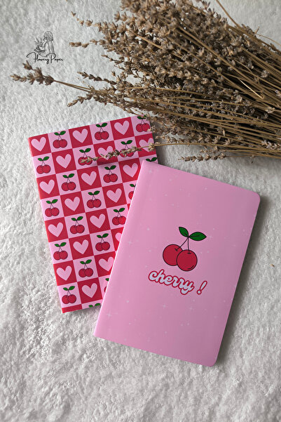 Flowery Paper Kiraz Model 2'li Zımbalı Defter, 32 sayfa, Not Defteri, A5 ,Not...