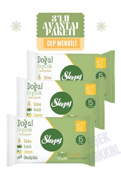 Sleepy 3 Pack Wet Pocket Wipes Bag Size Natural Organic Cotton Hand Face Body Cleansing Wipes (3X15 Leafs)