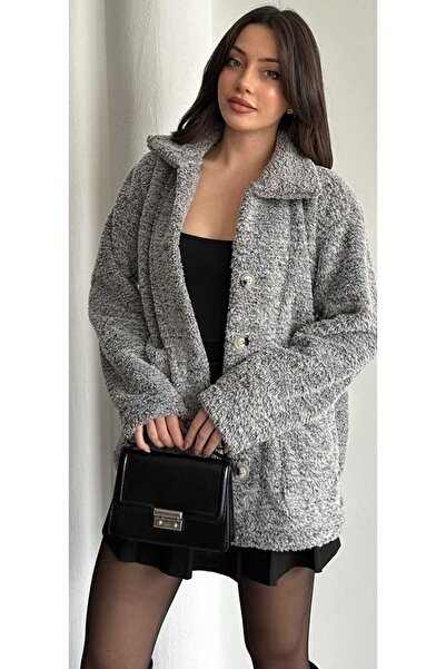 Azra Moda Style Gray Unlined Oversize Pocket Button Closure Plush Cardigan Women