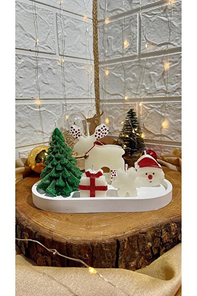 mumcu 6 Parça Yılbaşı Temalı Mum Seti Tabak ve 5 Adet Mum Yılbaşı Hediyesi Dekoratif Mum