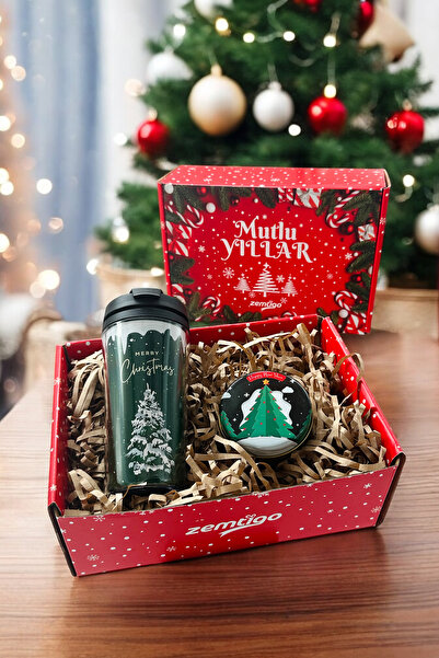 Zemtigo Yeşil Merry Christmas Kahve Bardağı Termos Kupa Ve Yeşil Metal Kutulu...
