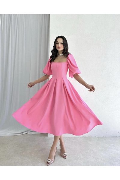 Daem Butik Γυναικείο Μίντι Φόρεμα με ροζ τετράγωνο λαιμό και μπαλόνι με βολάν